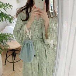 Women Robe V-Neck Sleepwear Plaid Bathrobe Kimono Robes with Belt Korean Night Dress Bridesmaid Dressing One Piece Pajamas