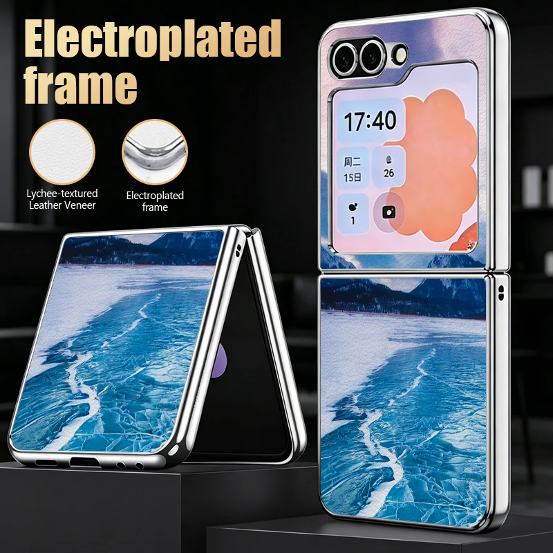 Seaside Beach Pattern PU Leather Phone Case For Samsung Galaxy Z Flip7 FE Flip6 Flip 7 6 5 5G Silver Plating Frame Hard PC Cover