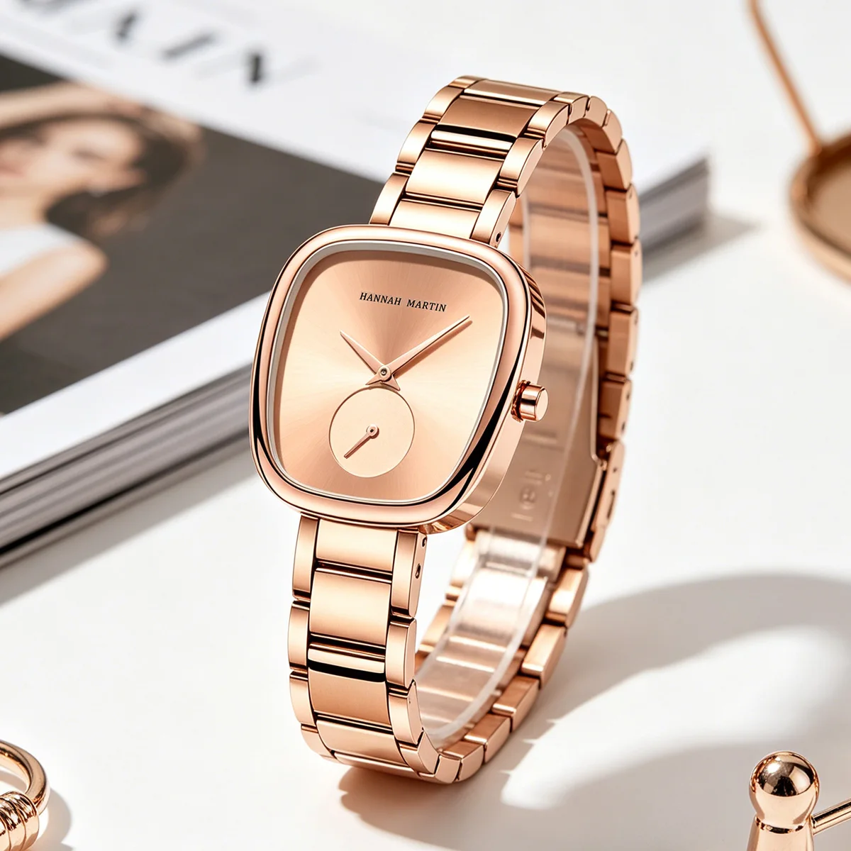 HANNAH MARTIN Brand Original Luxury Women Watch Rose Gold Fashion Stainless Steel Quartz Waterproof Women Watches Local Shipping