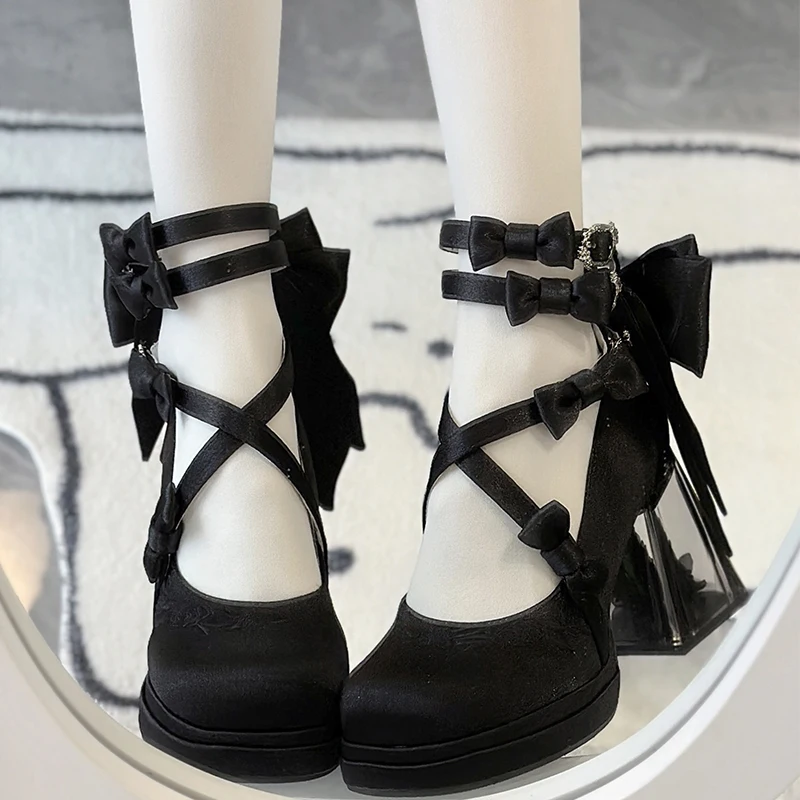 

Original Lolita Sweet High Heels Elegant Ribbon Buckle Round Head Bow Thick Heel Rose Shoelace Buckle Design Mary Jane Shoes