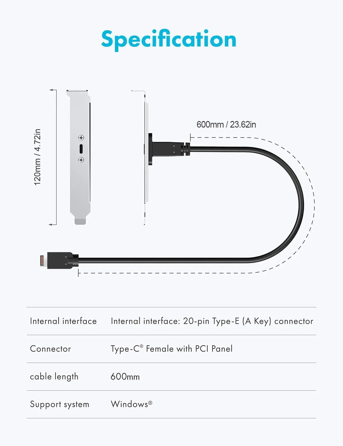 20Gbps USB 3.2 Adapter, Motherboard Header Extension Cable, USB-C to USB3.2 Type-E Key-A 20-Pin Connector with PCIe Bracket