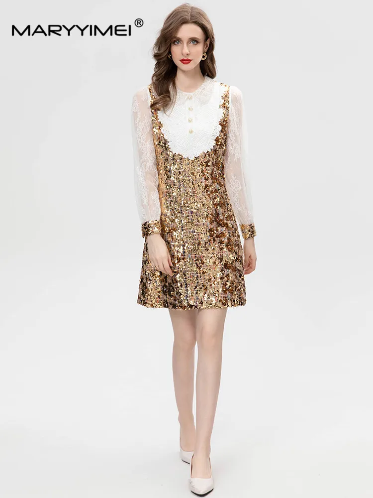 MARYYIMEI New Fashion Runway Designer Women's Lapel Tulle Lantern Long Sleeve Sequin Beaded Button England Style MIDI Dress