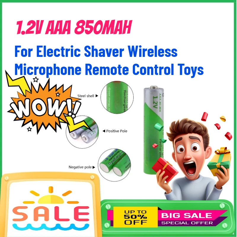 

1.2V AAA 850mAh 50PC NIMH Batteries Rechargeable Batterie for Electric Shaver Wireless Microphone Remote Control Toys