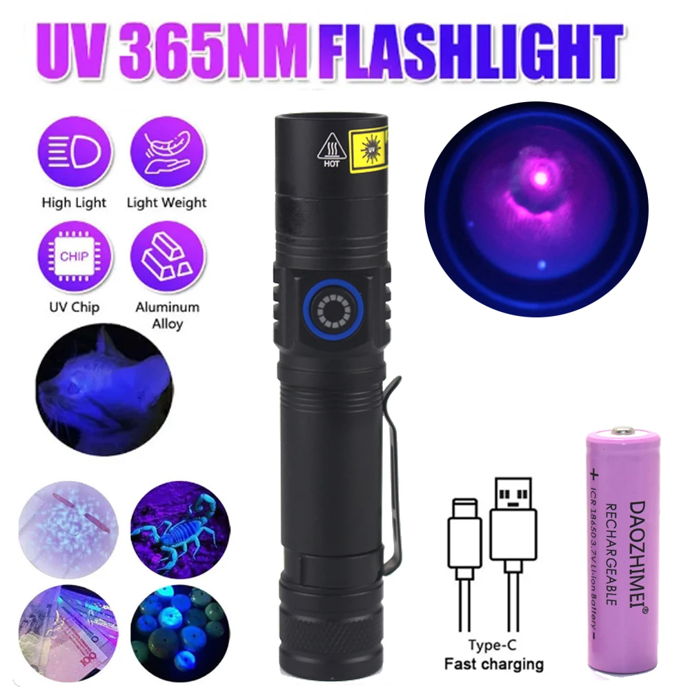 365NM UV Flashlight 5W Ultraviolet Black light Type-c Rechargeable Portable Waterproof 18650 Uv Torch linterna ultravioleta