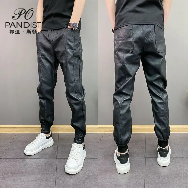 Fashion Elastic Waist Casual Pants for Men with Fleece Windproof and Warm Heat Autumn Winter Trousers Black Pu Leather Pants Men