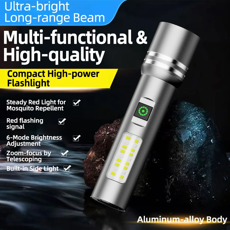 Multifunctional Zoomable LED Flashlight, Telescopic Focus Adjustment Multi‑Mode Handheld Torch with Side Light for Outdoor Campi