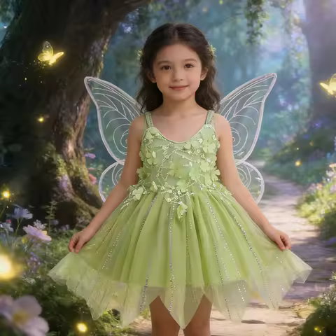 Fancy Princess Girls Elf Fairy Tinkerbell Cosplay Costumes+Wings Carnival Perform Tinker Bell Dress Children's Birthday Dress