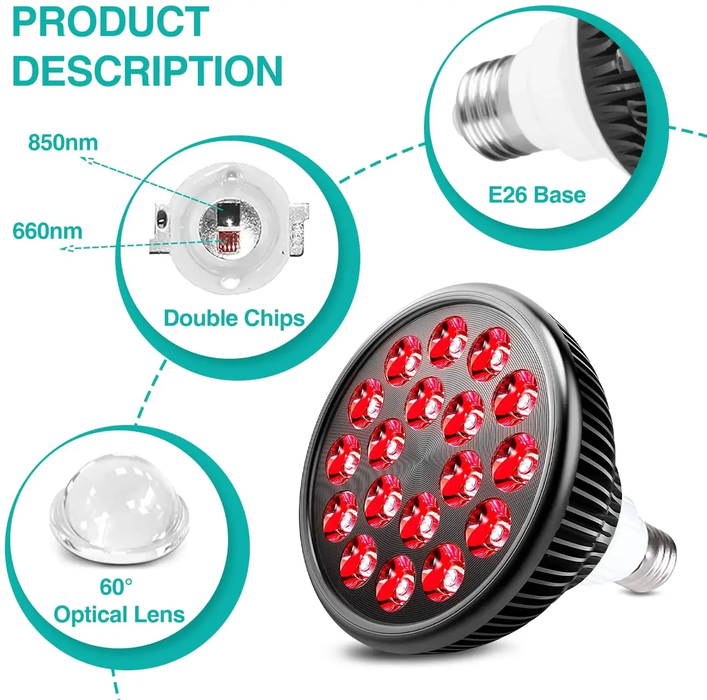 Dispositivo per terapia della luce rossa da 54 W, lampadina per terapia della luce a infrarossi, 660 nm 850 nm, dispositivo per fototerapia NIR per alleviare la pelle e il dolore