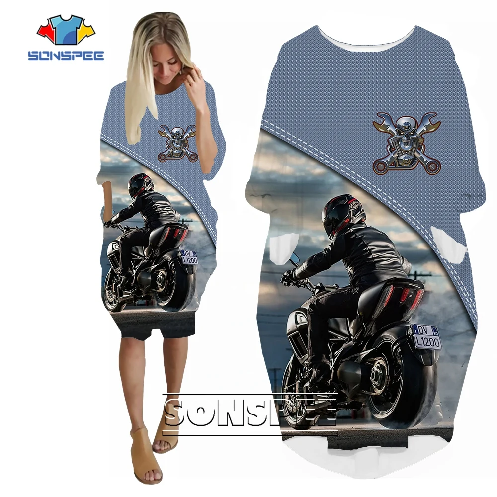 SONSPEE Cool Motorcycle Rider 3D Print Dress Summer Fashion Punk Long Sleeve Skirt Women Casual Street Personality Oversize Robe