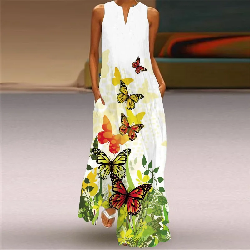 Elegant Butterfly Printed Bohemian Long Dress 2024 Summer Women's Sleeveless Maxi Dress V-neck Printed Vestidos Para Mujer