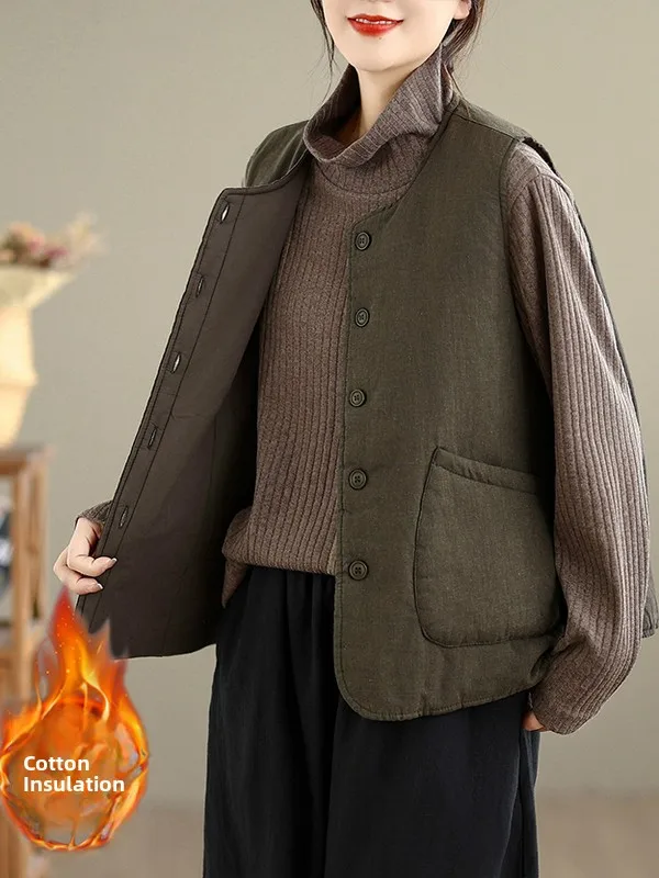 

Thiened Cotton Jaet Sle Warmth Artistic Aosphere Autumn Winter New Arrival Women's Vest Coat Retro Quali Brand