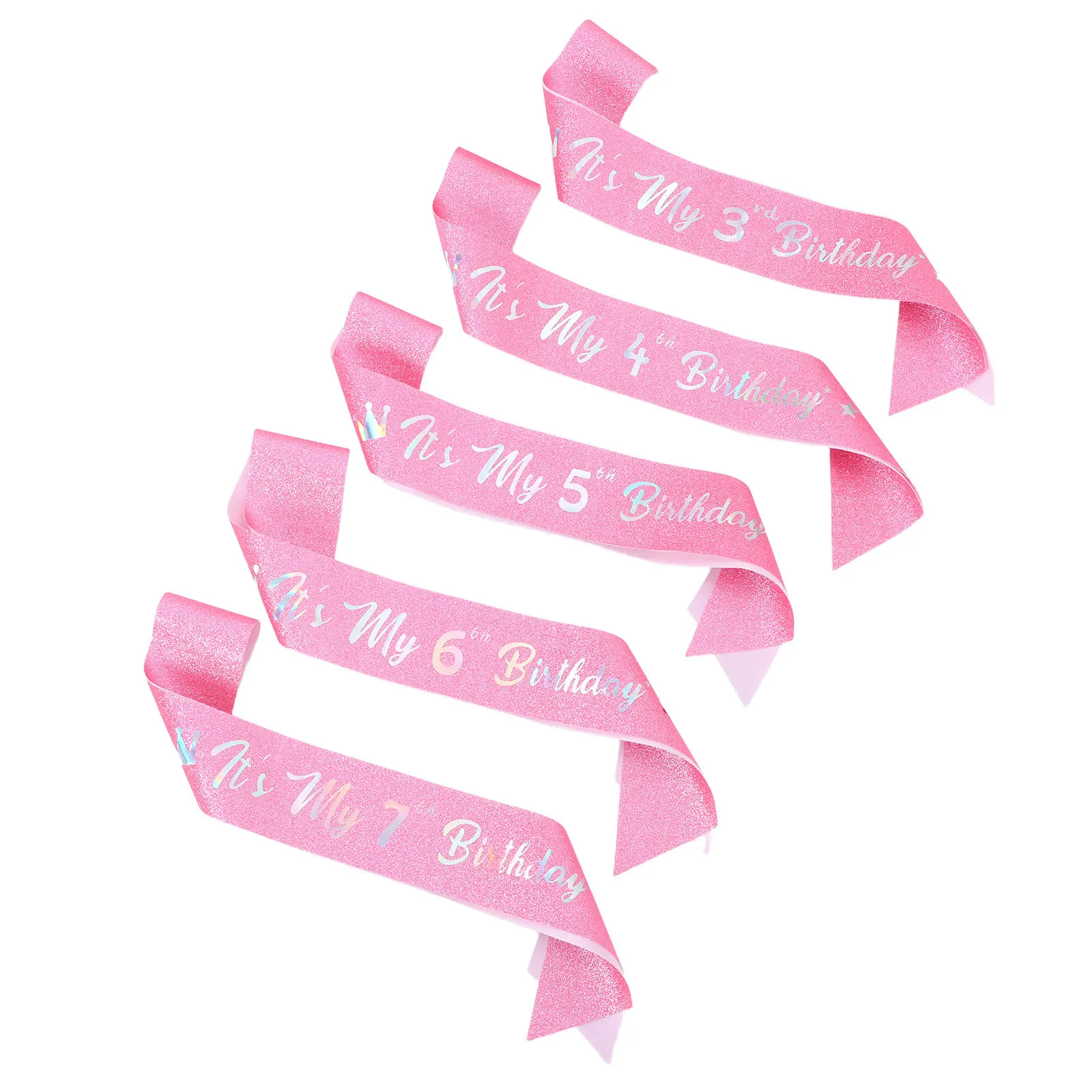 5Pcs Glitter Pink Birthday Sash Princess Party Celebration Dress Up Girls Happy Birthday Decoration Princess Party - view 5