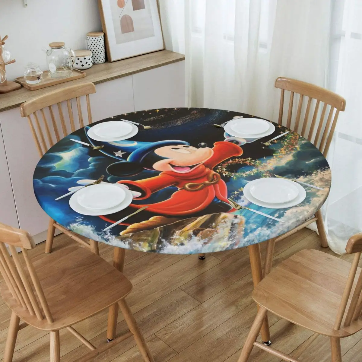 Round Oilproof Disney Fantasia Movies Mickey Mouse Music Table Cover Elastic Table Cloth Backing Edge Tablecloth for Picnic