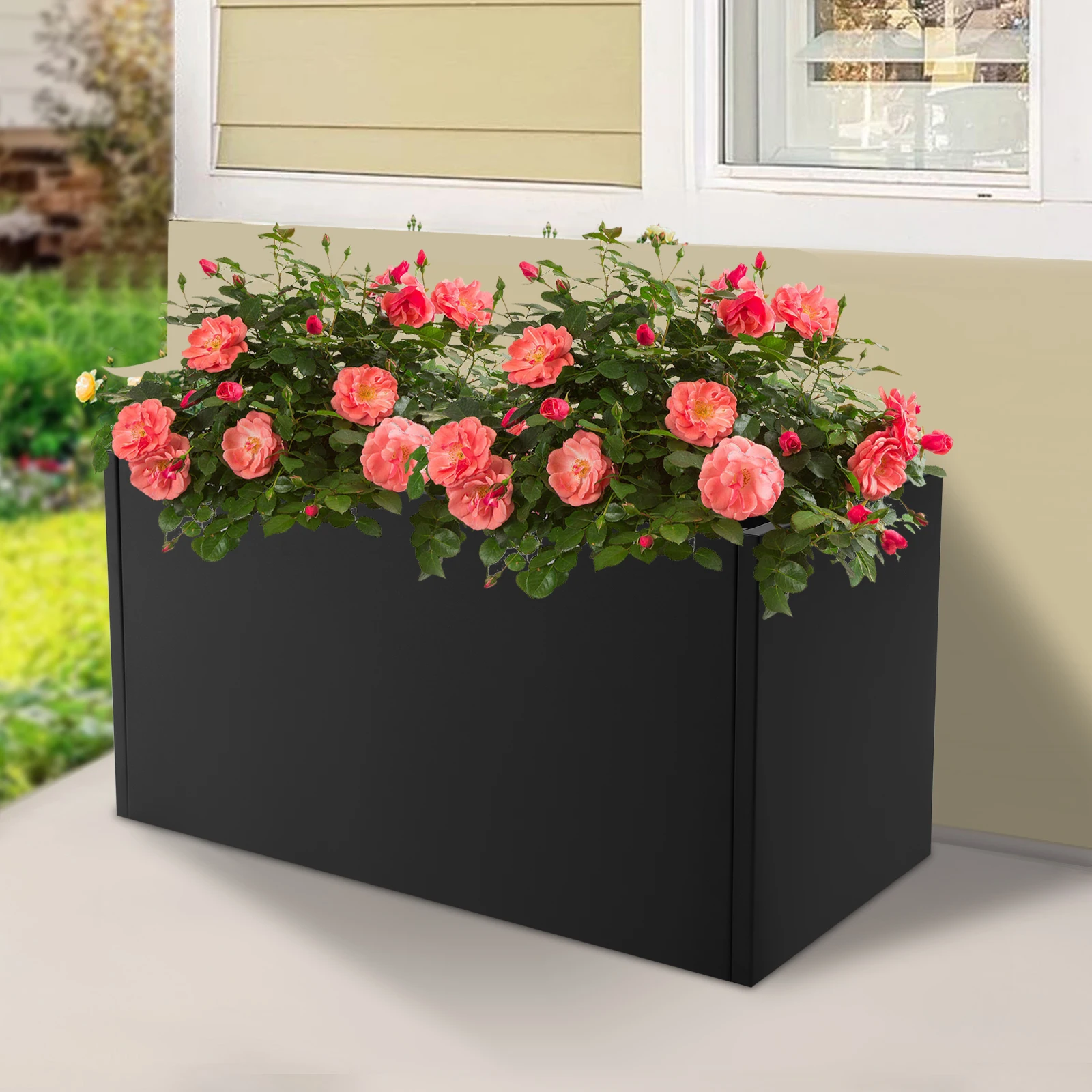 

Black 38x16x20in Rectangular Metal Flowerpot Box With Partition Steel Planter Box with Removable Insert Shelf For Planting