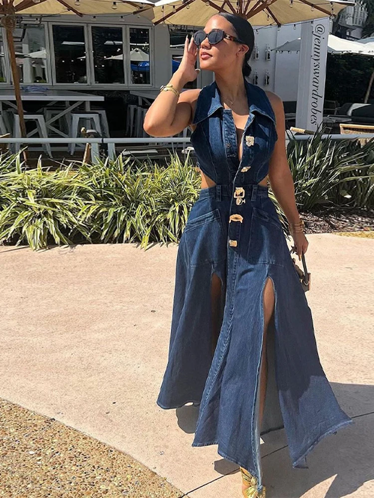 Split Hollow Out Denim Dress Lapel Slim Fit Robes Big Skirt Hem Golden Button Cowboy Long Dresses Streetwear Odzież damska