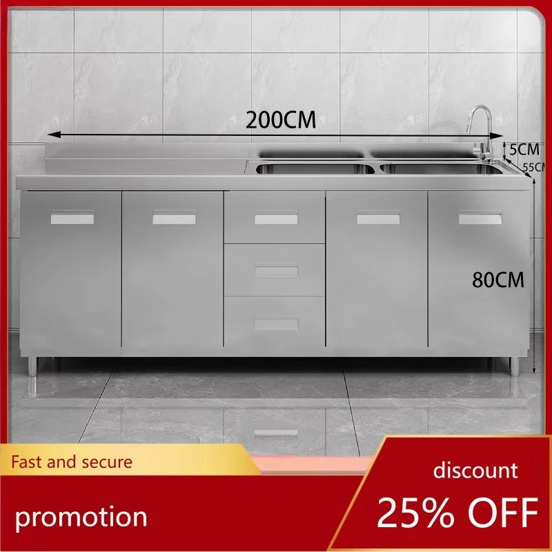 304 Stainless Steel Cabinet Kitchen Cabinet Integrated Dishwashing and Cutting Worktop with Integrated Stove