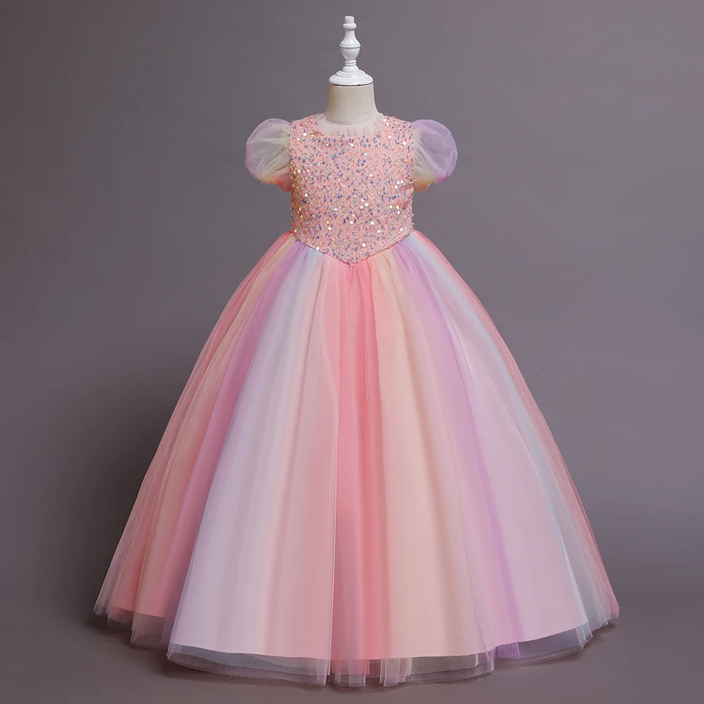 4 Colors 110cm-160cm European and American Children Dress Girl Short Sleeve Sequined Princess Floor-length Performance Vestidos