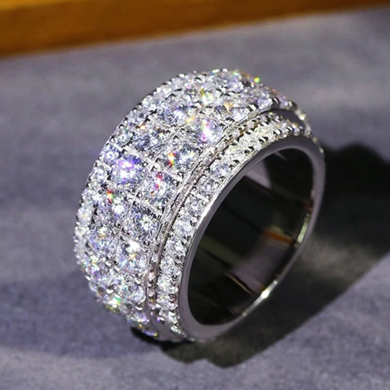 Huitan Full Bling Iced Out Cubic Zirconia Wide Ring for Women Round Band Silver Color Gorgeous Female Accessory Wedding Jewelry