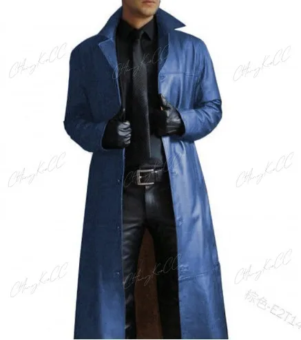 Man Fashion Steampunk Pu Leather Trench Coat Solid Color Long Lapel Gothic Spring Autumn Jacket Vintage Faux Leather Outerwear