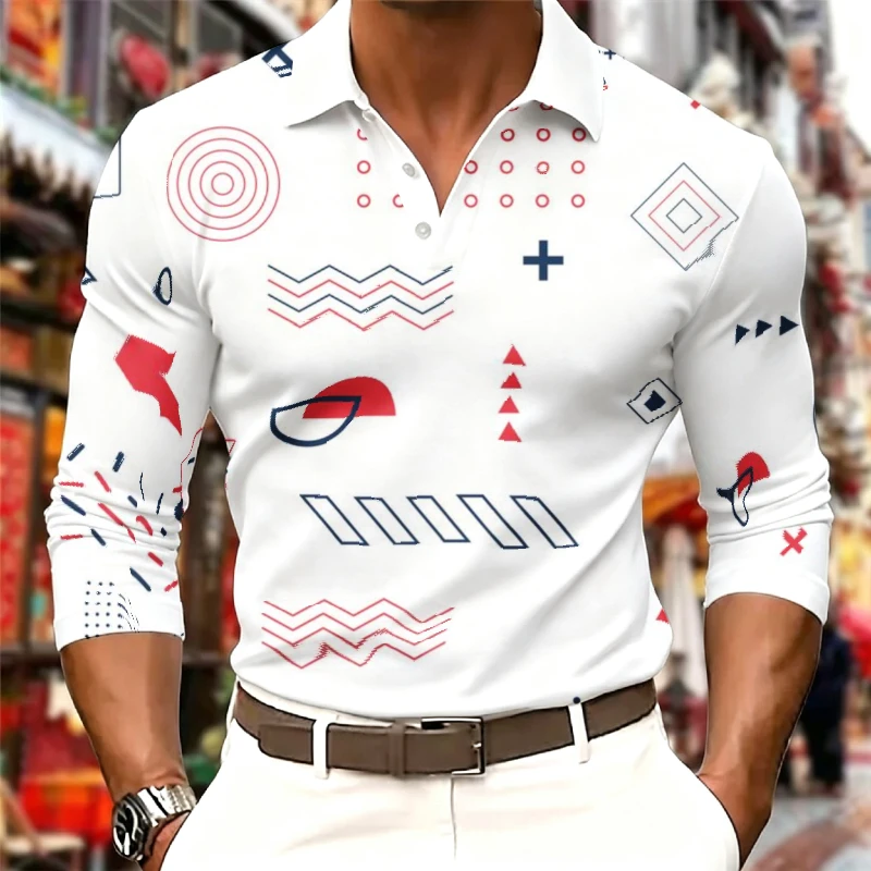 Men Contrast White Collar Long Sleeve Polo Shirt V‑Neck Geometric Star Marble Print Slim Fit Casual Tops
