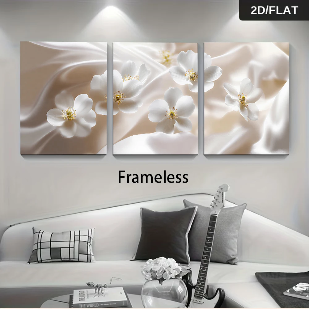 3PCS Large-sized frameless canvas paintings,1 set of three frameless decorative paintings, white flowers on a silk background, 2