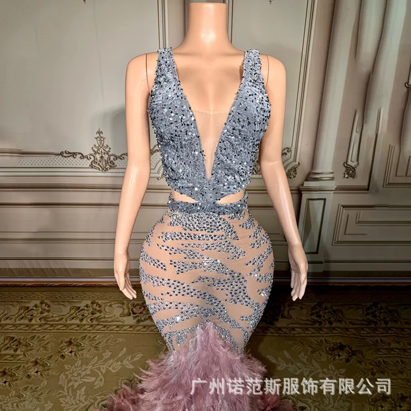 الجنية الفاخرة لامعة الفضة حجر الراين مزاجه ريشة الحمالات ذيل السمكة فستان مأدبة مرحلة الأداء Ballkleid Luxuskleid