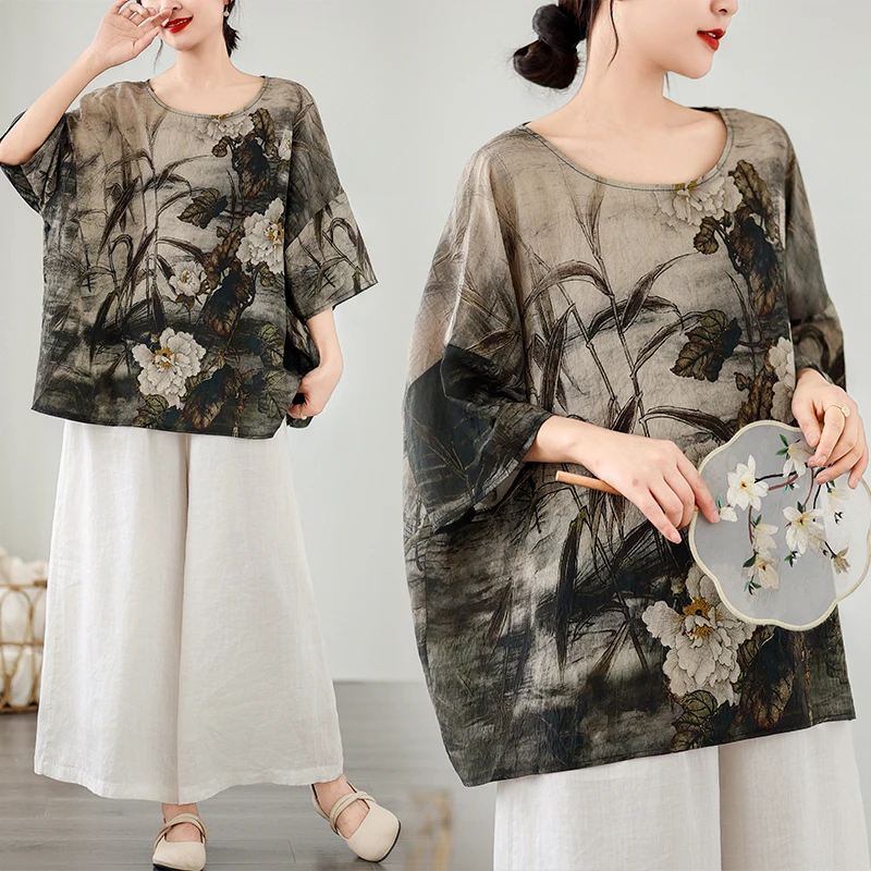

Summer 2024 Loose Fit round Neck T-Shirt Women's Cotton Linen Batwing Sleeve Ethnic Style New Arrival Fashionable Casual Top