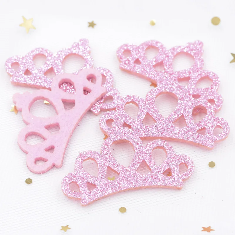 20Pcs 46mm Glitter Powders Fabric Felt Padded Appliques Pink Crown Patches for Crafts Garments Decor DIY Hair Bow Ornament