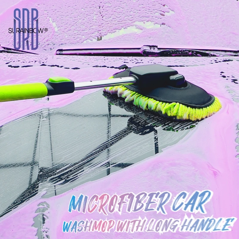 52'' Microfiber Car Wash Brush Mop Kit Sponge with Long Handle, Chenille Car Cleaning Brush Supplies Car Windshield Cleaner Pads