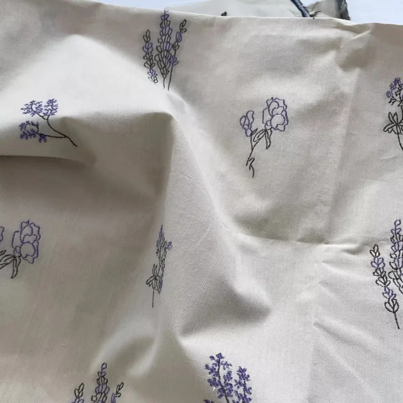 

beige woven purple flower embroidery jacquard cotton fabric for spring and autumn clothing fabric diy