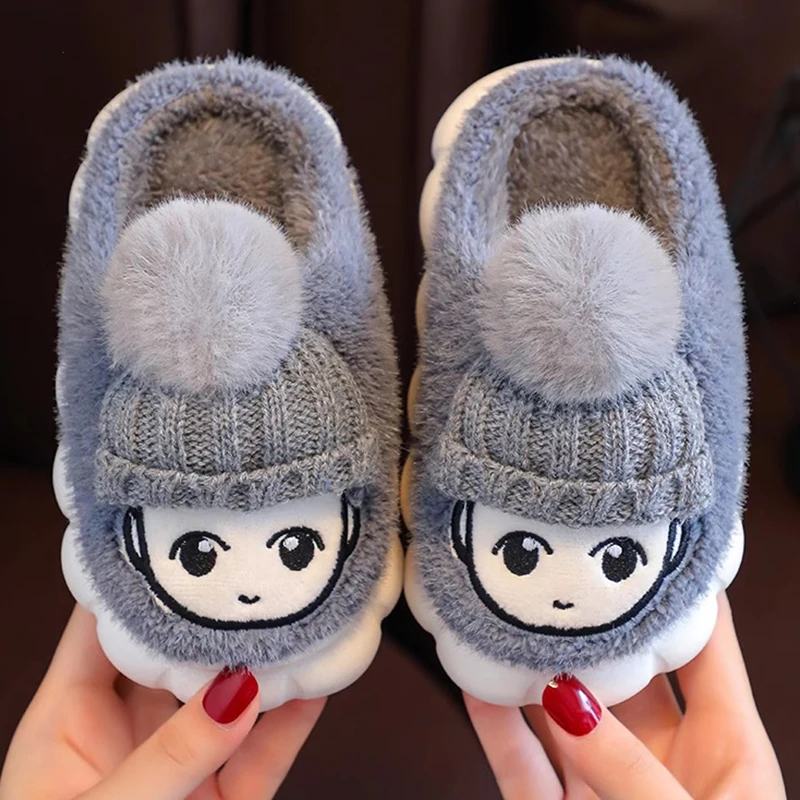 Children\'s cotton shoes in winter with plush indoor anti slip and furry warm home shoes cartoon cotton shoes for boys and girls