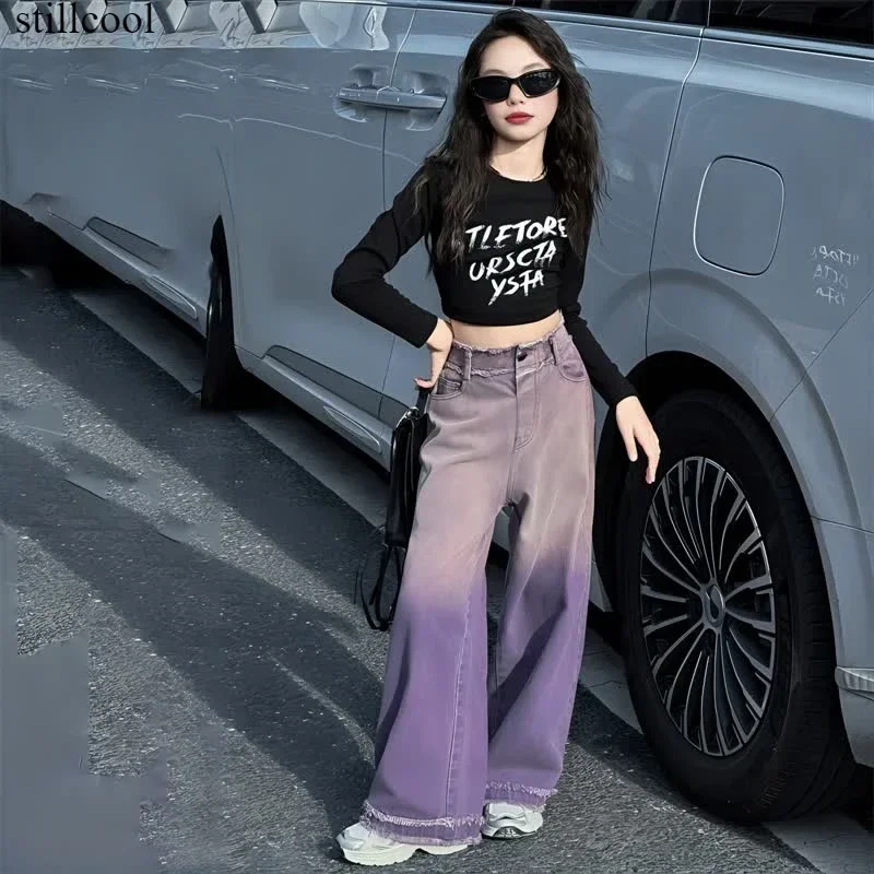 

Teen Girls Clothing Set Autumn Black T-shirt Purple Gradient Wide Leg Jeans 2pc Kids Outfits Fashion Casual Children Clothes