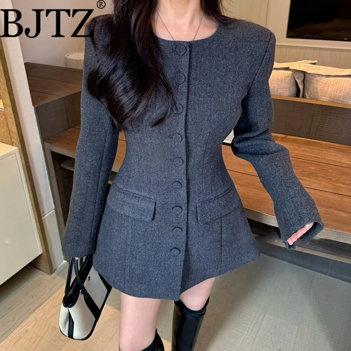 

BJTZ Women’s Winter Warm Thick Padded 10% Wool Blend Coat Dress Long Sleeve Outerwear For Autumn