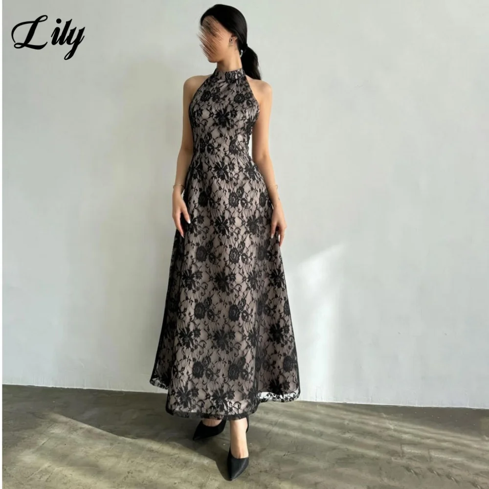 

Lily Black Lace Elegant Party Gowns Sleeveless High Prom Dress Flowers Pleated Trailing Evening Dresses 프롬 드레스 Customized