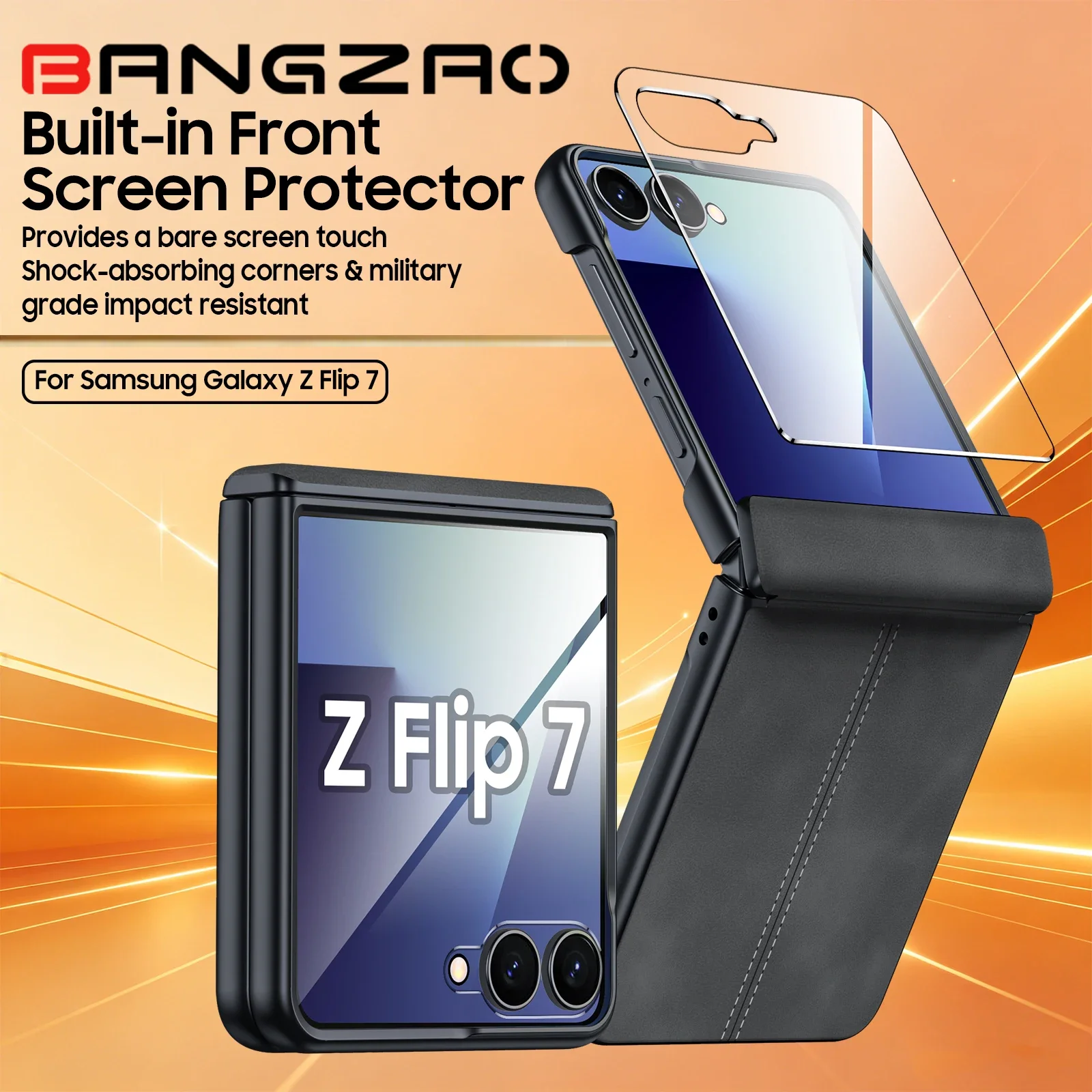 For Samsung Galaxy Z Flip 7 Case,with 9H Screen Protector Wireless Charging,Magnetic Hinge Leather Cover Case-Black