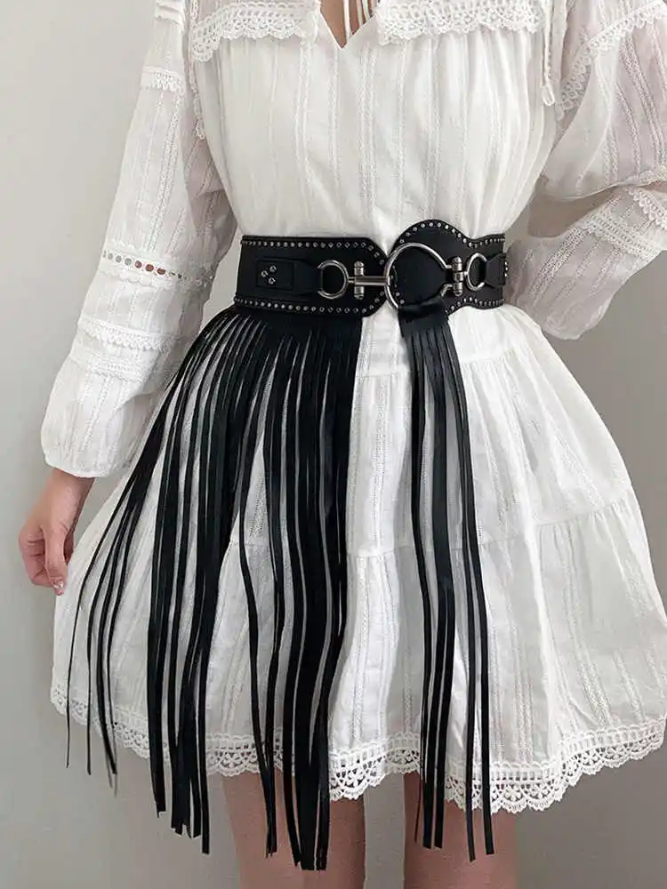 Euro-American punk style long tassel waist cincher women's individuality matching skirt wide waist belt subculture design sense