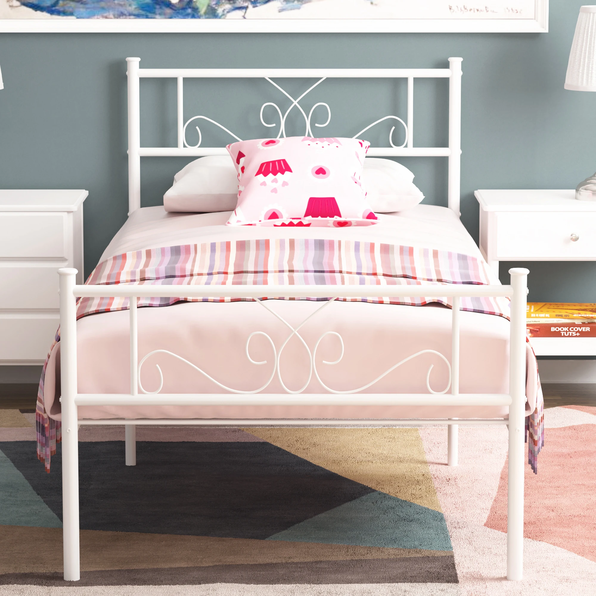 Twin Size Bed Frame with Headboard Twin Metal Platform Bed No Box Spring Needed