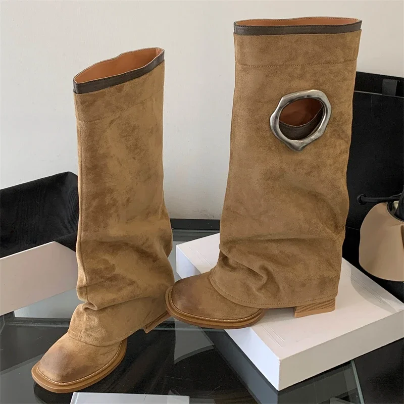 Aneikeh Winter Fashion Vintage  Design Hollow Out Women Knee High Boots Round Toe Square Heels Female Shoes Botas De Mujer