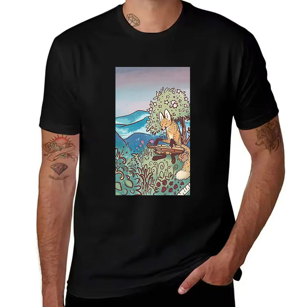 Men's Cotton T-Shirt with Hand-Painted Style Fox Playing Lute Print, Casual Outdoor Themed Short Sleeve Tee
