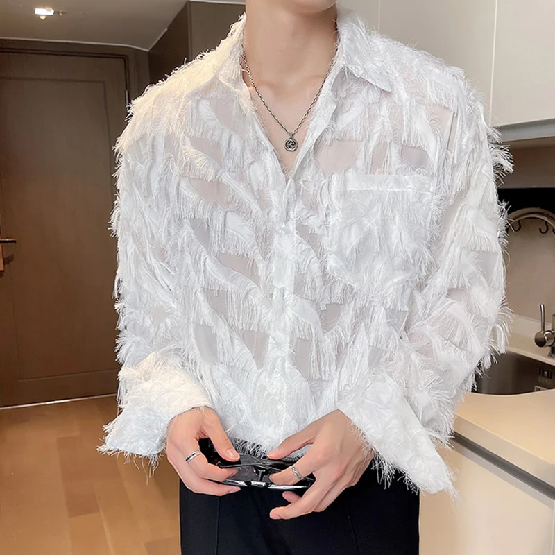 IEFB Korean Style Male Shirts Casual Tassel Lapel Long Sleeve Signle Breasted Solid Color Loose Men\'s Tops New Tide 2024 9C6460