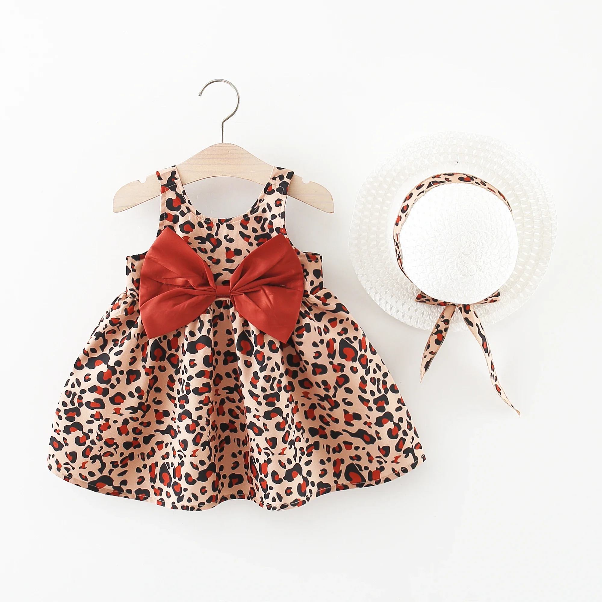 2/piece Summer Baby Girl Dress and Hat Baby Girl Wearing Leopard Print Print Large Bow Sleeveless Princess Dress