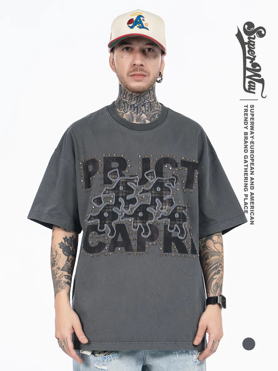 SUPER WAY T-Shirt Light Emitting Iron-On Rhinestone Letter Print Crew Neck for Casual Wear F565