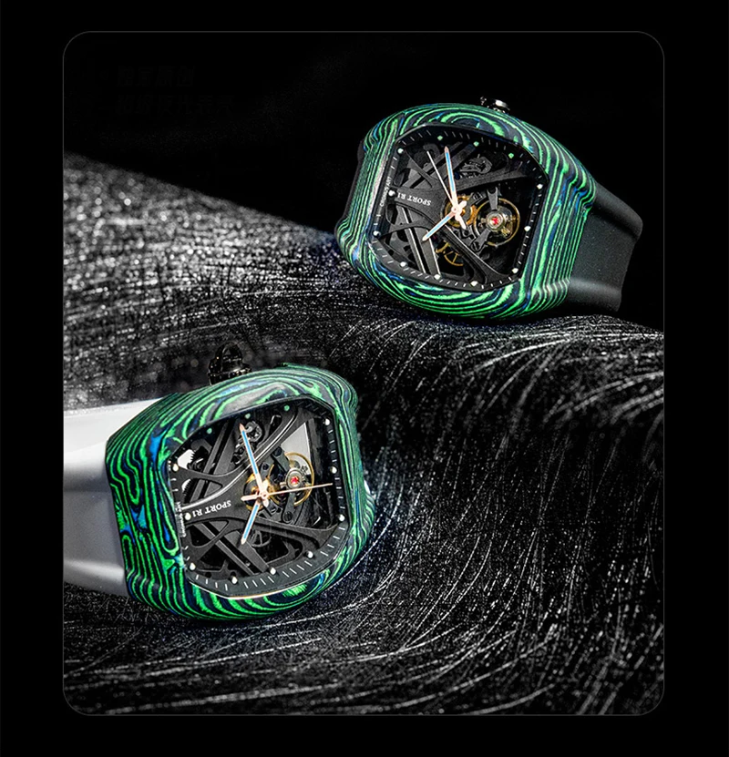 CRONUSART ساعة أوتوماتيكية للرجال من ألياف الكربون تونيو تونيو ساعة يد ميكانيكية بحزام مطاطي قابل للطي مقبض تاج مخفي