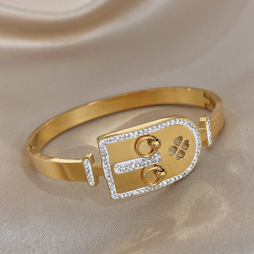 

Vintage Leaf Lock Shaped Design Stainless Steel Bangle for Women Gold Color Waterproof Spring Wide Bracelet Party Jewelry Gift