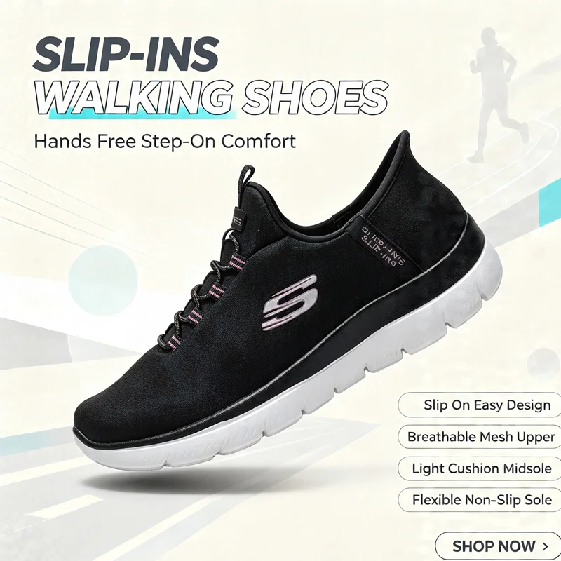 Skechers 150254-BLK Women Slip-Ins Hands Free Walking Shoes Black Mesh Light Cushioned Slip On Comfort Trainers