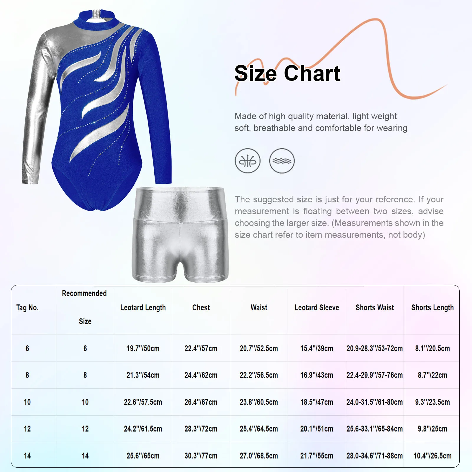 Kids Girls Gymnastics Leotard Ballet Dancewear Metallic Shiny Long Sleeve Rhinestones Patchwork Leotard Bodysuit+Shorts Outfits