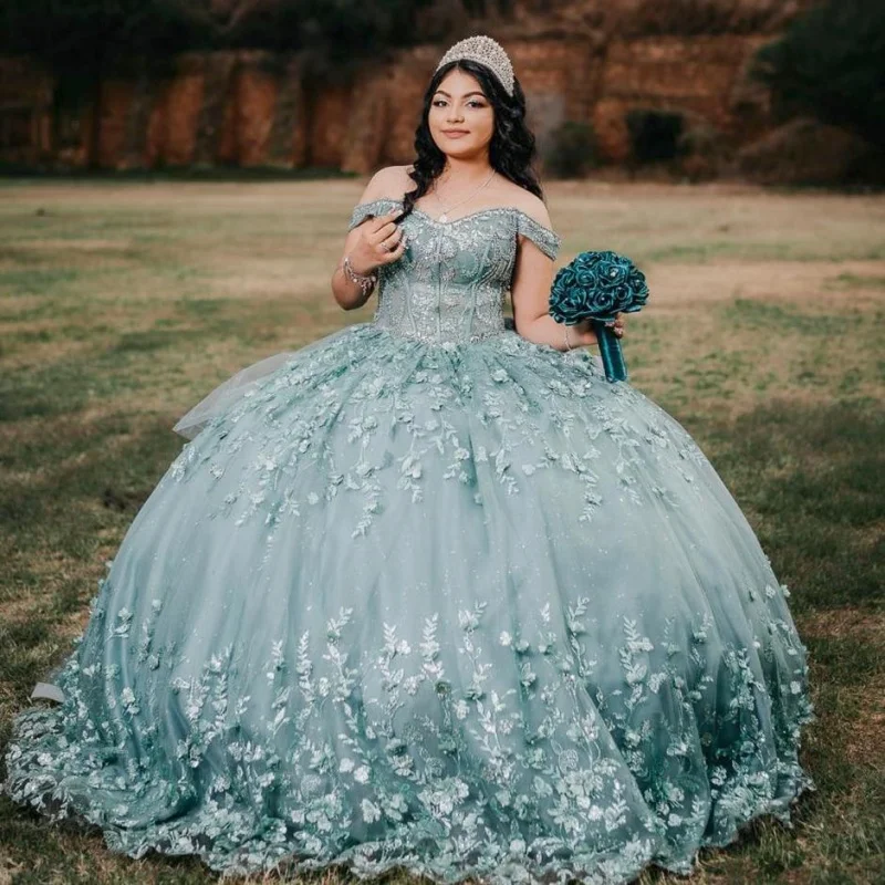 Блестящее оливково-зеленое платье Quinceanera