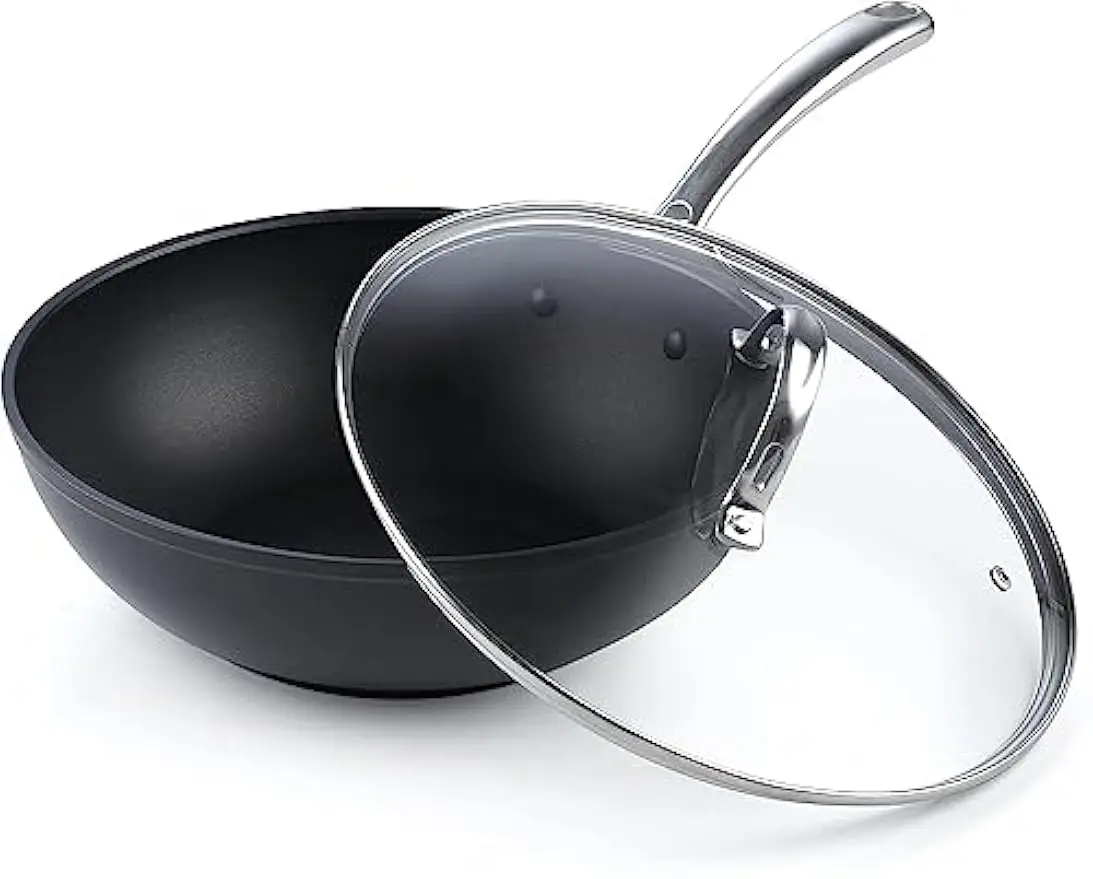 

Сковорода вок с антипригарным покрытием, 11 дюймов, сковорода с жесткой анодированной поверхностью и стеклянной крышкой, плоское дно