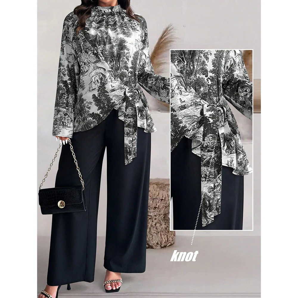 Women Plus Size Vintage Castle Printed Two-Piece Set Lace-Up Casual Round Neck Long Sleeves T-Shirts Straight Loose Pants Sets