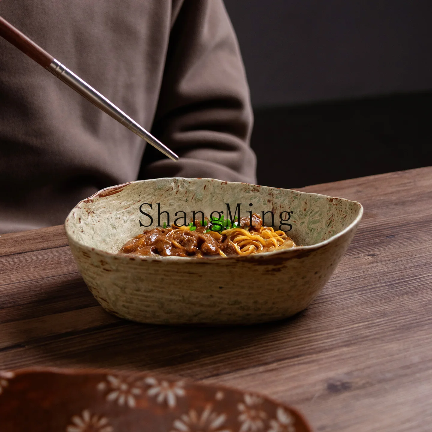 

PYH Chinese retro handmade chrysanthemum bowl special-shaped noodle soup bowl matte coarse pottery salad bowl household